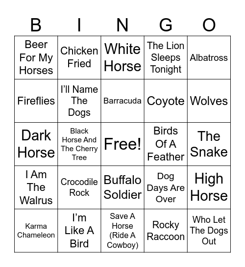 Animal Song Titles Bingo Card