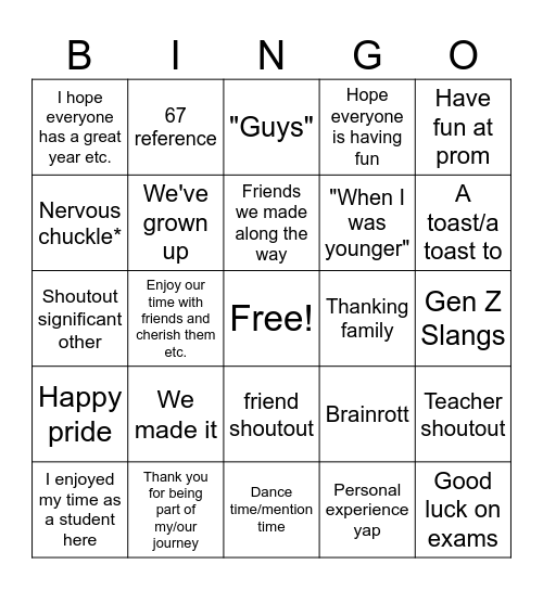Valedictorian Speech Bingo Card
