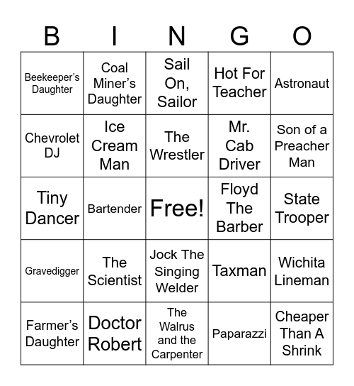 Occupation Song Titles Bingo Card