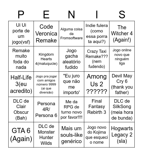 Previsões pra Summer Game Fest Bingo Card