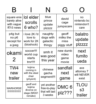 Non-e3 2026!!! Bingo Card