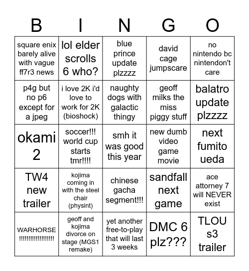 Non-e3 2026!!! Bingo Card