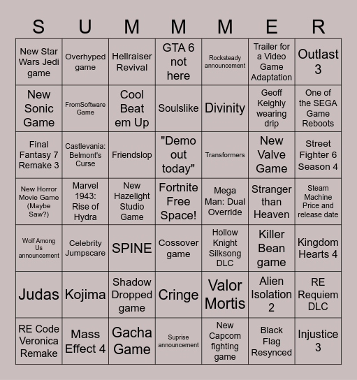Summer Games Fest 2026 Bingo Card