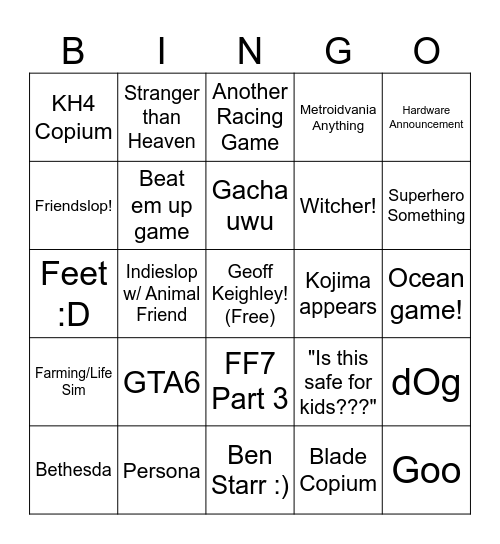 Summer Games Fest 2026 Bingo Card