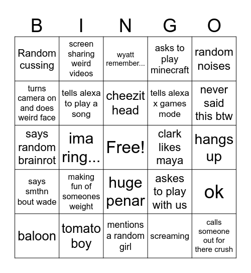 Sebastian Bingo Card