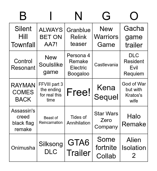 Summer Game Fest Bingo Card