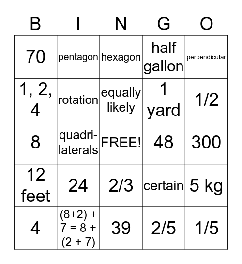 MATH BINGO!!!!!!!!!!!! Bingo Card