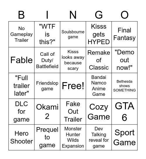 Summer Game Fest 2026 Bingo Card