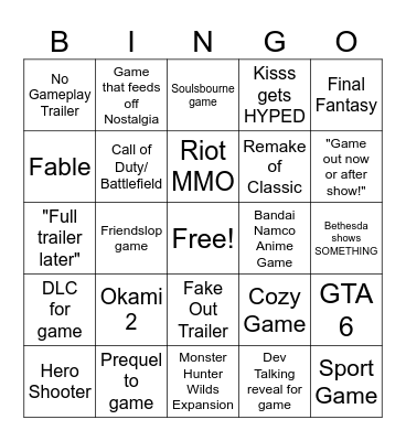 Summer Game Fest 2026 Bingo Card