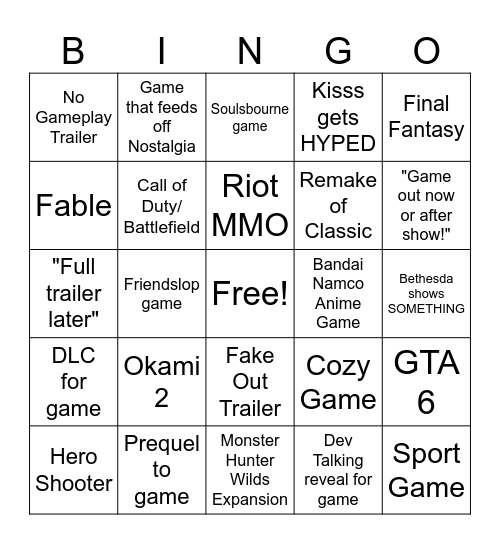 Summer Game Fest 2026 Bingo Card