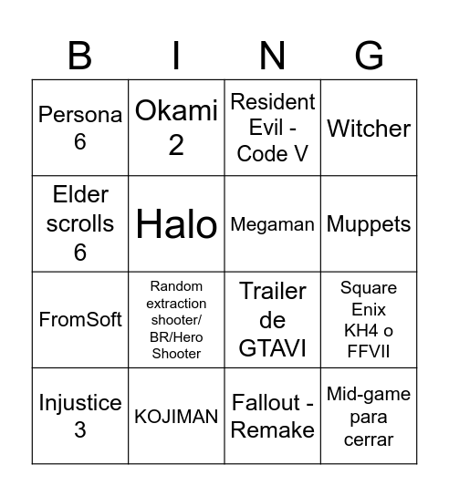 No E3 - 2026 Bingo Card