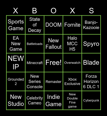Xbox Games Showcase Bingo Card