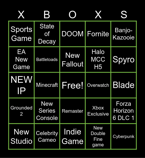 Xbox Games Showcase Bingo Card