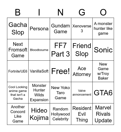 Summer Games ShowCase Bingo Card