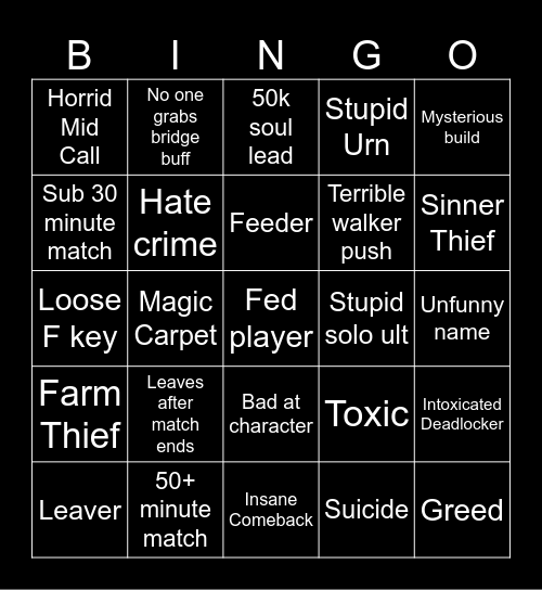Deadlock Bingo Card
