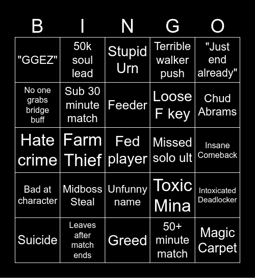 Deadlock Bingo Card