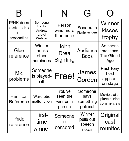 Tony Awards Bingo Card