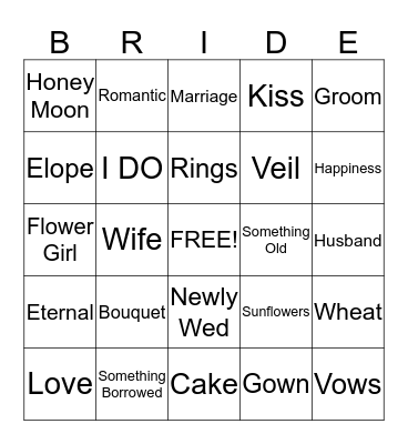 Sammy's Bridal Shower Bingo Card
