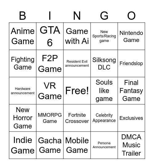 Summer Games Fest Bingo Card