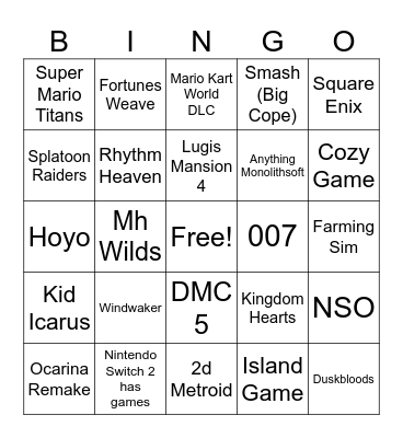 Nintendo Direct Bingo Card