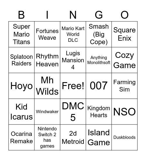 Nintendo Direct Bingo Card