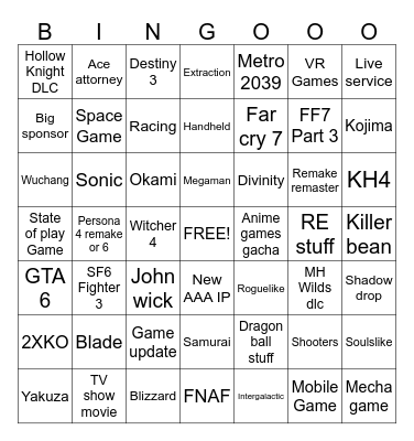 Summer Game Fest 2026 Bingo Card