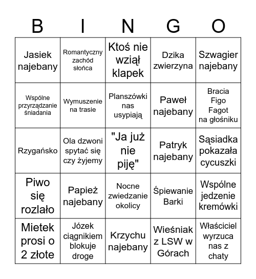 Kawalerskie BINGO Card