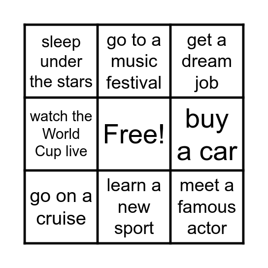 Bucket list bingo Card