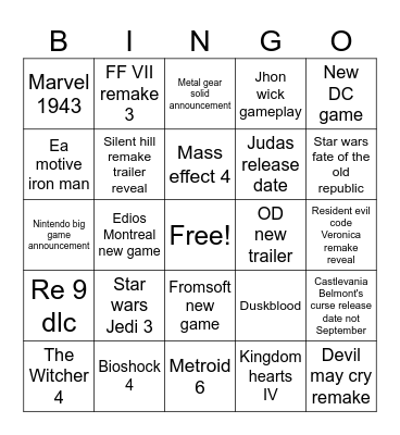 Summer game fest Bingo Card