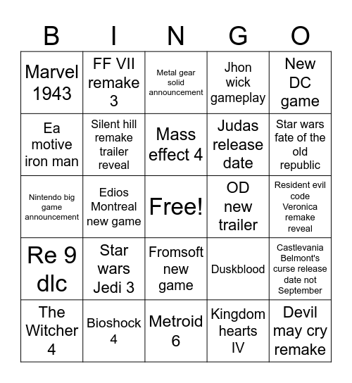 Summer game fest Bingo Card