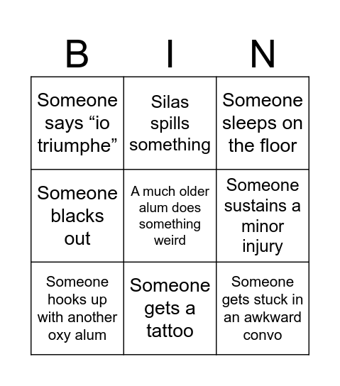 Reunion Weekend Bingo Card