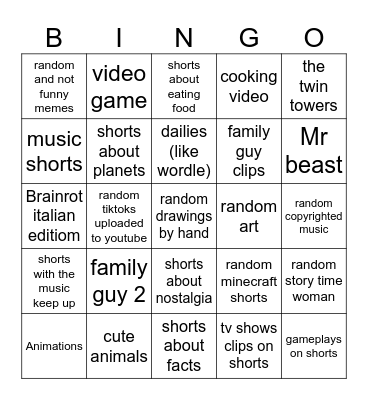 The youtube shorts bingo Card