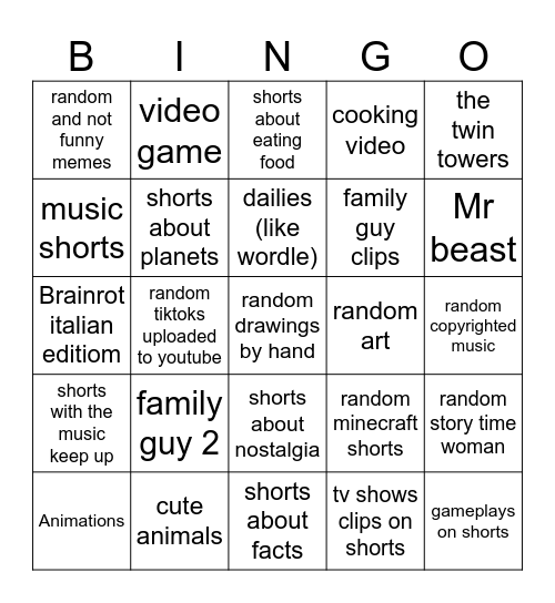 The youtube shorts bingo Card