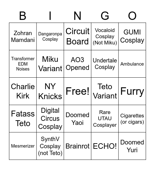 Teto Rave Bingo Card