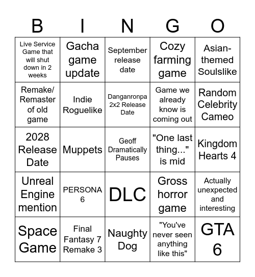 Summer Game Fest 2026 Bingo Card