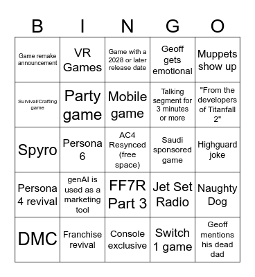 Summer Games Fest Bingo Card