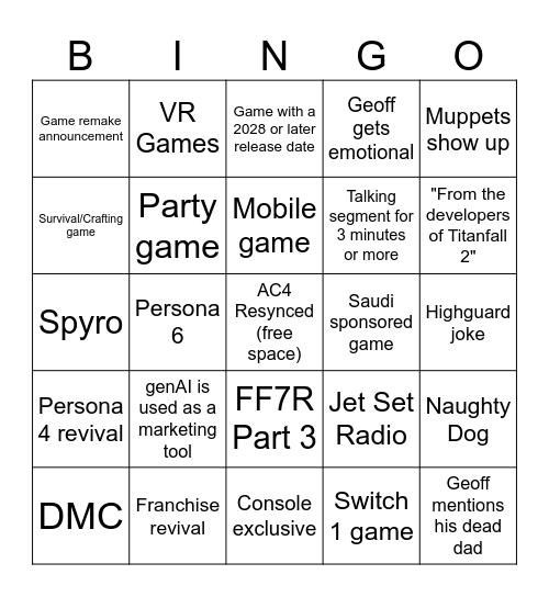 Summer Games Fest Bingo Card