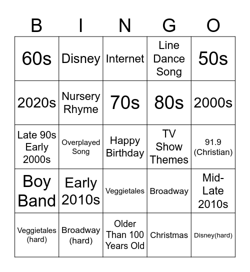 Karaoke Bingo Card