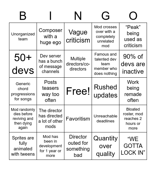FNF Mod Bingo Card