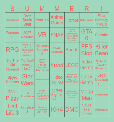 SUMMER GAME FEST 2026 BINGO BOARD!! Bingo Card