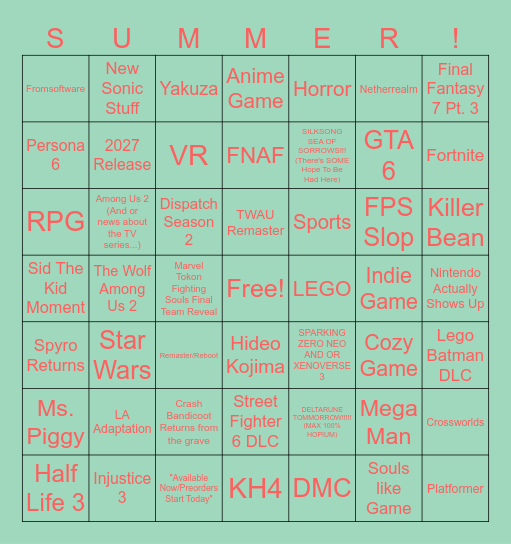 SUMMER GAME FEST 2026 BINGO BOARD!! Bingo Card