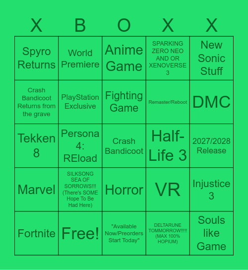 XBOX SHOWCASE BINGO BOARD!! Bingo Card