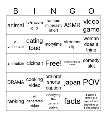 youtube shorts bingo Card
