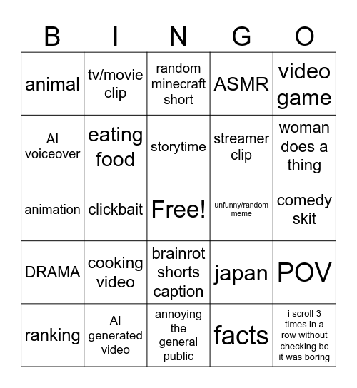 youtube shorts bingo Card