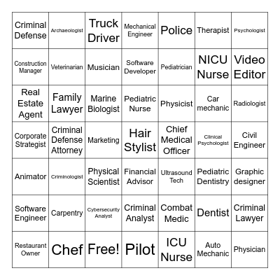 Career Day Bingo Card