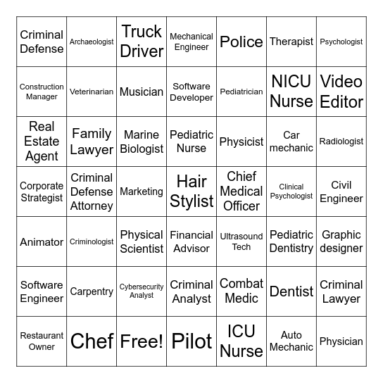 Career Day Bingo Card