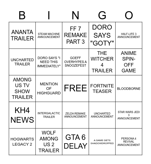 SUMMER GAME FEST Bingo Card