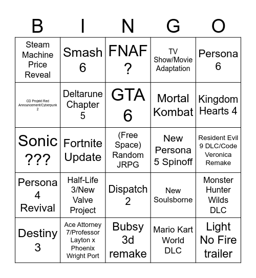 Summer Game Fest Bingo Card