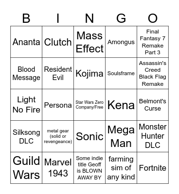 Summer Game Fest 2026 Bingo Card