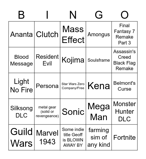 Summer Game Fest 2026 Bingo Card